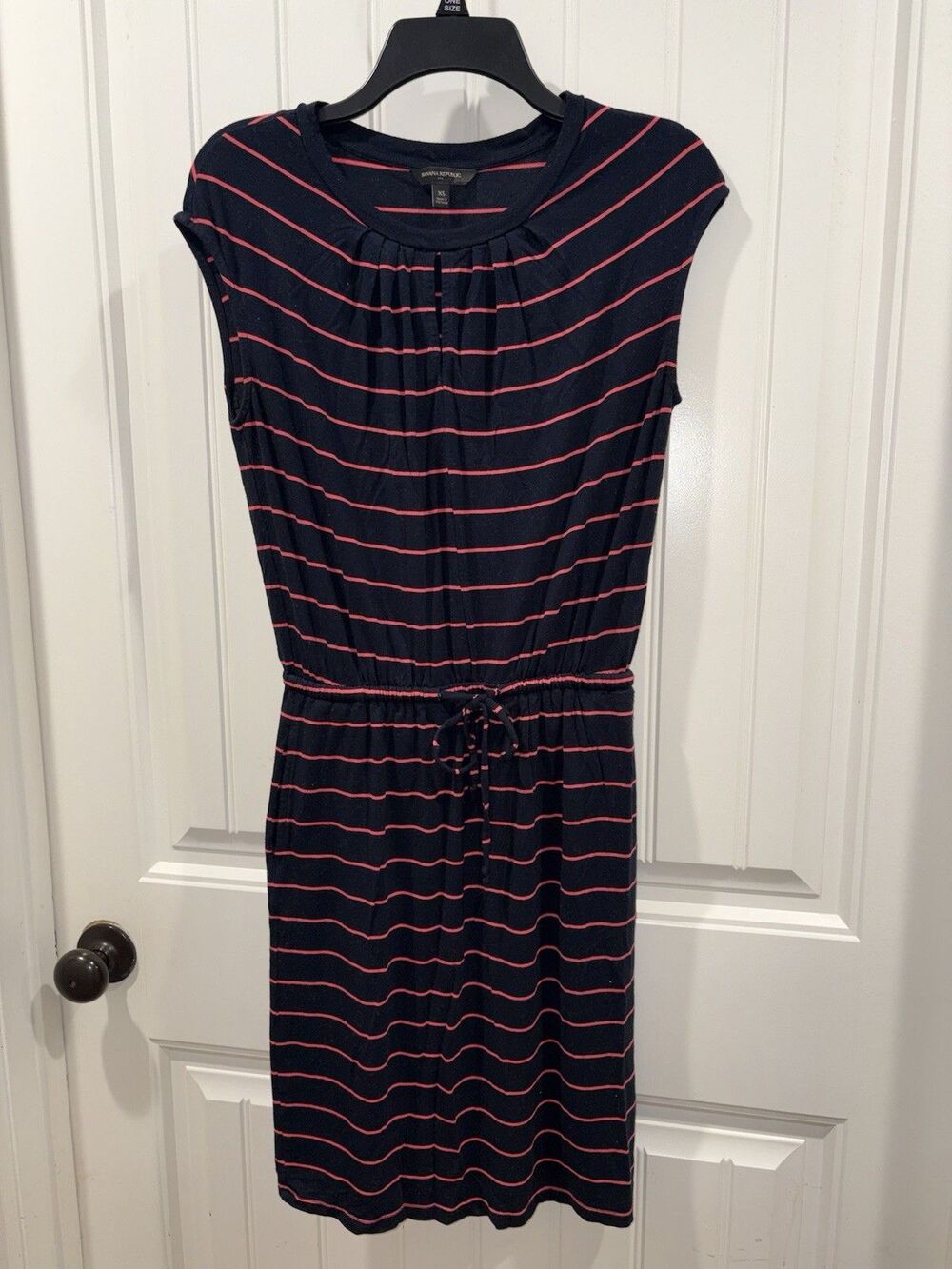 Navy Pink Striped Sleeveless Crew Neck T-Shirt Dress Drawstring Knee Length XS